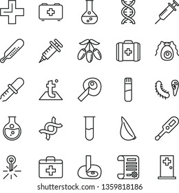 thin line vector icon set - first aid kit vector, plus, electronic thermometer e, mercury, bag of a paramedic, medical, temperature, garlic, goji berry, round flask, research article, test tube, dna