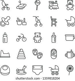 thin line vector icon set - dummy vector, mug for feeding, bottle, measuring, diaper, baby bib, stroller, carriage, summer, sitting, stacking rings, roly poly doll, toy sand set, children's potty
