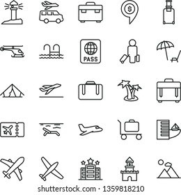 thin line vector icon set - suitcase vector, case, passport, coastal lighthouse, sand castle, helicopter, dollar pin, plane, passenger, rolling, ticket, departure, hotel, tent, beach, palm tree