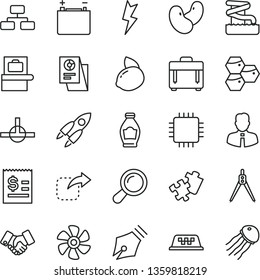 thin line vector icon set - Puzzle vector, lightning, employee, case, flowchart, move right, honeycombs, bottle, yellow lemon, beans, marine propeller, accumulator, article on the dollar, handclasp