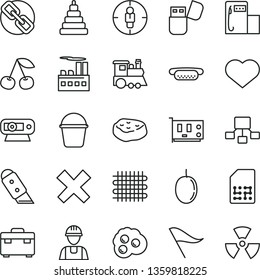 thin line vector icon set - heart symbol vector, spectacles, wind direction indicator, cross, stacking toy, children's train, builder, bucket, suitcase, knife, mini hot dog, piece of meat, omelette
