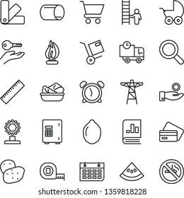 thin line vector icon set - alarm clock vector, yardstick, magnifier, baby stroller, measuring tape, color samples, cart, delivery, shipment, lettuce in a plate, lime, slice of water melon, potato