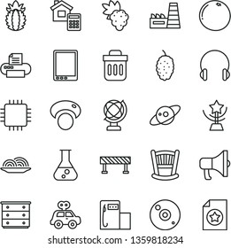 thin line vector icon set - cradle vector, chest of drawers, motor vehicle present, estimate, road fence, headphones, globe, megaphone, onion, grape, mulberry, ripe pineapple, grapefruit, mashroom