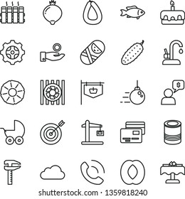 thin line vector icon set - baby stroller vector, tumbler, big core, radiator, kitchen faucet, cards, phone call, stick of sausage, tin, torte, cucumber, fish, medlar, half peach, slice pineapple