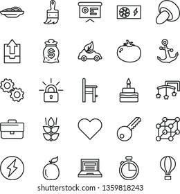 thin line vector icon set - laptop vector, briefcase, upload archive data, toys over the cot, a chair for feeding, wooden paint brush, key, heart, timer, anchor, slices of onion, porcini, tomato