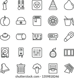 thin line vector icon set - bell vector, bin, hat, archive, book, safety pin, stacking toy, children's sand set, iron fork spoons, warm, window frame, power socket type b, boiler, regulator, apple