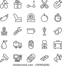 thin line vector icon set - scissors vector, car child seat, roly poly doll, tumbler, children's potty, Kick scooter, Puzzle, paint roller, timer, case, delivery, gift, cornels, tasty plum, eggplant