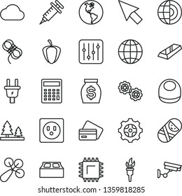thin line vector icon set - calculator vector, baby bib, rattle, tumbler, gears, building block, hawser, earth, regulator, ripe pepper, planet, electric plug, socket, forest, gear, smd, money, cloud