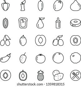 thin line vector icon set - measuring bottle for feeding vector, cake with a hole, cabbage, sandwich, half apricot, plum, cornels, fig, tasty mulberry, delicious, peach, date fruit, sweet, tamarillo