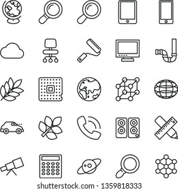 thin line vector icon set - monitor vector, new roller, siphon, writing accessories, smartphone, planet, retro car, processor, globe, phone call, tablet pc, speaker, magnifier, chair, cloud, zoom