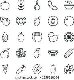 thin line vector icon set - deep plate with a spoon vector, cabbage, carrot, blueberries, strawberries, mint, ripe peach, half apricot, mulberry, tasty, slice of melon, water, date fruit, tamarillo