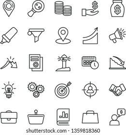 thin line vector icon set - shopping basket vector, coastal lighthouse, location, geolocation, magnifying glass, portfolio, water filter, man in sight, three gears, coins, recession, a crisis, money