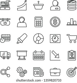 thin line vector icon set - negative chart vector, shopping cart, pan, antique advertising signboard, billboard, portfolio, connections, gears, column of coins, statistical overview, dollar, target
