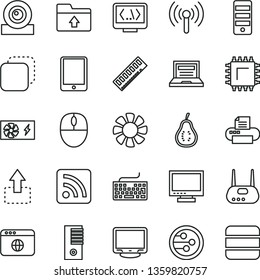 thin line vector icon set - laptop vector, monitor, keyboard, rss feed, upload folder, copy, move up, part of guava, smd, tablet pc, fan, mouse, power supply, tower, memory, web camera, router