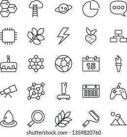thin line vector icon set - lightning vector, pie chart, new roller, calendar, flowchart, torte, honeycombs, beet, drop of oil, wall, speech, cpu, network, joystick, telescope, zoom, saturn, biology