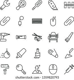 thin line vector icon set - paint roller vector, repair key, clip, open pin, electronic thermometer e, big core, building trowel, concrete mixer, cordless drill, arm saw, wooden brush, ceramic tiles