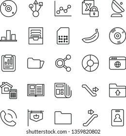 thin line vector icon set - graph vector, archive, upload folder, estimate, book, phone call, banana, satellite antenna, SIM, vintage sign, connections, chart, statistical report, ring diagram, usb