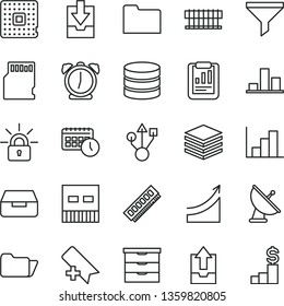 thin line vector icon set - add bookmark vector, negative histogram, upload archive data, download, storage unit, alarm clock, pile, drawer, processor, filter, chart, statistical report, agenda, usb