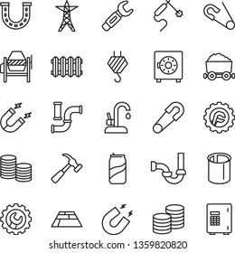 thin line vector icon set - safety pin vector, open, hook, concrete mixer, sewerage, gear, star, paving slab, new radiator, kitchen faucet, hammer with claw, strongbox, coins, soda can, water pipes