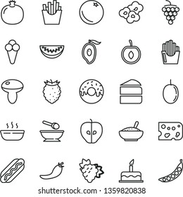 thin line vector icon set - deep plate with a spoon vector, cake, piece of cheese, Hot Dog, mushroom, glazed hole, bowl rice porridge, French fries, fried potato slices, popcorn, cone, orange, large