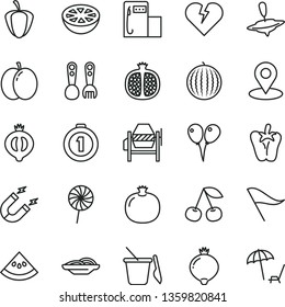 thin line vector icon set - wind direction indicator vector, children's sand set, plastic fork spoons, small yule, colored air balloons, concrete mixer, broken heart, slices of onion, peper, cherry