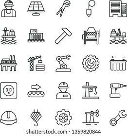thin line vector icon set - tower crane vector, workman, hook, concrete mixer, adjustable wrench, cordless drill, power socket type b, buildings, construction helmet, plummet, gear, hammer, sea port