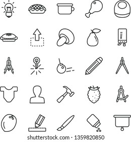 thin line vector icon set - tassel vector, graphite pencil, woman, baby powder, bib, Child T shirt, children's potty, drawing, electronic boiler, hammer with claw, core, move up, porcini, pie, apple
