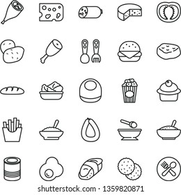 thin line vector icon set - baby bib vector, deep plate with a spoon, plastic fork spoons, sausage, stick of, piece cheese, loaf, tin, big burger, muffin, bowl buckwheat porridge, rice, lettuce in