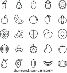 thin line vector icon set - cherry vector, squash, apricot, tasty apple, mulberry, water melon, mango, half of, peach, slice, date fruit, tangerine, yellow lemon, ripe pineapple, guava, part, stub