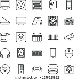 thin line vector icon set - camera vector, keyboard, drill, power socket type b, heating coil, faucet mixer, headphones, screen, smartphone, battery, radiator fan, mouse, pc supply, tower, monitor