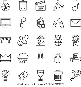 thin line vector icon set - prohibition vector, silent mode, movie cracker, dummy, rainy cloud, Puzzle, paint roller, plummet, road fence, screen, unpacking, glass, popsicle, mint, printer, note