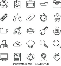 thin line vector icon set - clip vector, download archive data, bath, cloud, magnifier, key, case, folder, put in cart, operator, porridge a saucepan, plate of fruit, CO2, motherboard, memory, cup