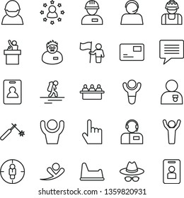 thin line vector icon set - image of thought vector, hat with glasses, potty chair, workman, index finger, pass card, operator, racer, builder, welding, court hearing, goal woman, scientist, winner