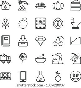 thin line vector icon set - comfortable toilet vector, smartphone, put in a box, delivery, onion, piece of cake, bowl rice porridge, beet, lollipop, mint, cherry, red apple, pumpkin, coal mining