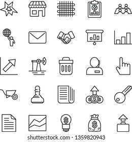 thin line vector icon set - scribbled paper vector, line chart, growth, building trolley, key, index finger, working oil derrick, weaving, kiosk, statistical overview, handclasp, dollars, dispatcher
