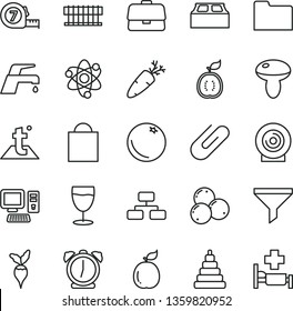thin line vector icon set - paper bag vector, stacking toy, long meashuring tape, building block, temperature, faucet mixer, alarm clock, flowchart, lens, clip, mushroom, carrot, glass, orange, atom