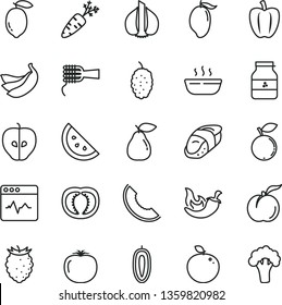 thin line vector icon set - cardiogram vector, noodles, hot porridge, chili, sushi, jar of jam, orange slice, ripe peach, pear, tasty apple, raspberry, blueberry, mulberry, melon, mango, lemon