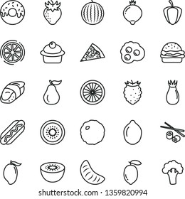 thin line vector icon set - piece of pizza vector, Hot Dog, burger, muffin, glazed cake with a hole, cabbage, Chinese chopsticks, sushi, omelette, strawberry, rose hip, medlar, tasty raspberry, lime
