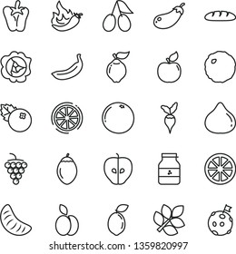 thin line vector icon set - loaf vector, cabbage, peper, jar of jam, blueberries, apple, large grape, squash, quince, apricot, tasty, cornels, fig, slice tangerine, juicy lemon, banana, tamarillo