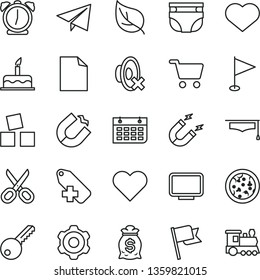 thin line vector icon set - heart symbol vector, scissors, paper airplane, clean sheet of, silent mode, add label, pennant, nappy, cubes for children, cake, cogwheel, key, alarm clock, flag, pizza
