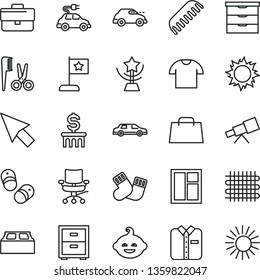 thin line vector icon set - briefcase vector, bedside table, storage unit, accessories for a hairstyle, comb, warm socks, funny hairdo, child shoes, window, building block, T shirt, folded, weaving