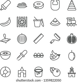 thin line vector icon set - yardstick vector, bib, stacking toy, children's sand set, baby train, small yule, box of bricks, paint bucket, new roller, bundle eggs, onion, cake with a hole, banana