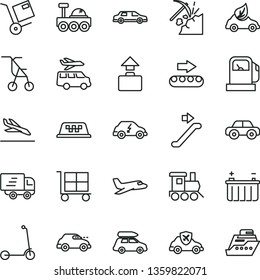thin line vector icon set - cargo trolley vector, sitting stroller, motor vehicle, baby toy train, child Kick scooter, shipment, coal mining, gas station, battery, production conveyor, eco car, taxi