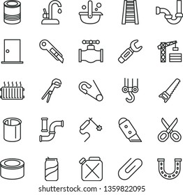 thin line vector icon set - scissors vector, open pin, tower crane, winch hook, adjustable wrench, hand saw, stepladder, sewerage, ntrance door, knife, stationery, kitchen faucet, clip, canned goods