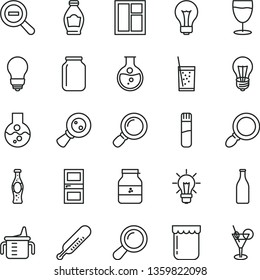 thin line vector icon set - matte light bulb vector, zoom out, measuring cup for feeding, mercury thermometer, window, interroom door, a glass of soda, bottle, jam, jar, round flask, magnifying