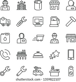 thin line vector icon set - builder vector, hammer, smartphone, delivery, phone call, operator, gas station, industrial enterprise, canister of oil, pipes, repair key, steel, kiosk, stall, atm