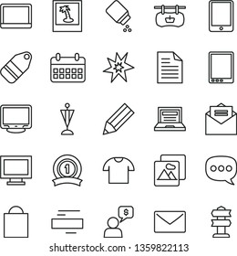 thin line vector icon set - laptop vector, monitor window, paper bag, scribbled, minus, baby powder, envelope, received letter, picture, T shirt, label, antique advertising signboard, pencil, speech