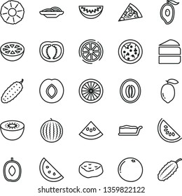 thin line vector icon set - pizza vector, piece of, slices onion, cake, slice, meat, cucumber, orange, plum, water melon, half mango, delicious, lemon, kiwi, pineapple, grapefruit, tomato