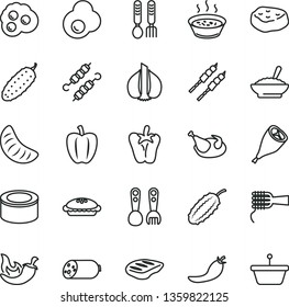 thin line vector icon set - plastic fork spoons vector, iron, sausage, canned goods, noodles, pie, a bowl of buckwheat porridge, in saucepan, chicken, grill leg, chop, barbecue, meat on skewers, red