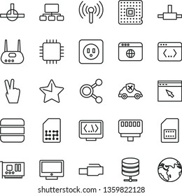 thin line vector icon set - power socket type b vector, star, screen, big data server, autopilot, processor, SIM card, connections, scheme, cpu, pc, router, browser, connect, coding, lan connector